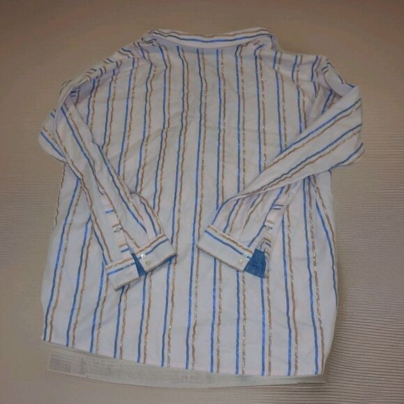J. Jill Pink w/ Blue & Gold Shimmer Striped Button Up Shirt Long Sleeve Top Sz L - Picture 2 of 5